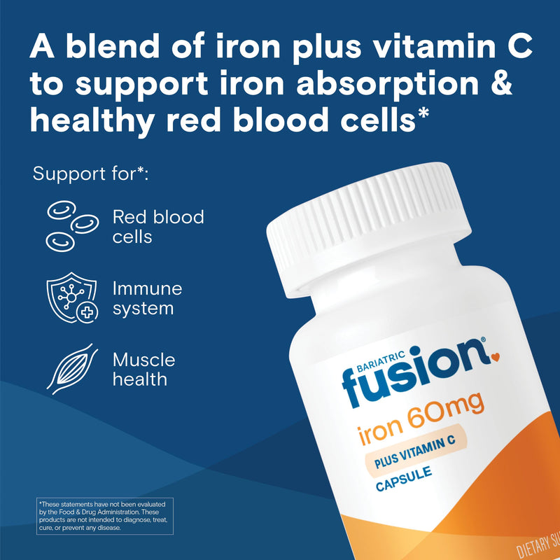 Bariatric Fusion Iron Supplement 60mg with Vitamin C | Easy to Swallow Capsule | Ferrous Fumarate Vitamins for Women and Men | Gluten, Dairy and Soy Free | Non-GMO | 60 Count Unflavored 60mg