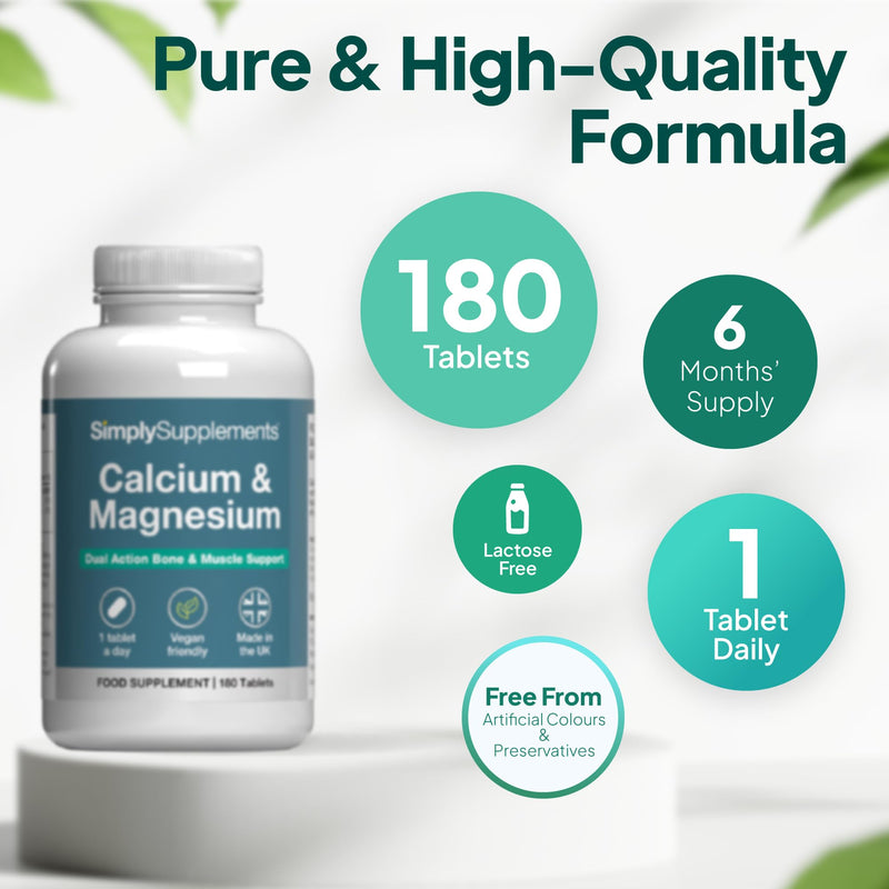 Calcium & Magnesium Tablets | Supports Bone Health, Muscle Function & Reduces Tiredness | Vegan & Vegetarian Friendly | 180 Tablets = 6 Months' Supply | GMP Certified & Made in UK Unflavoured 180 count (Pack of 1)