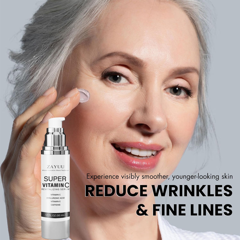 Super Vitamin C Face Serum for Mature Skin: Anti-Aging, Dark Spots 1.7oz | Hydrating Brightening Formula - Vitamin C, Hyaluronic Acid, Vitamin E, Caffeine - Face Lift Serum for Wrinkles 1.7 Fl Oz (Pack of 1)
