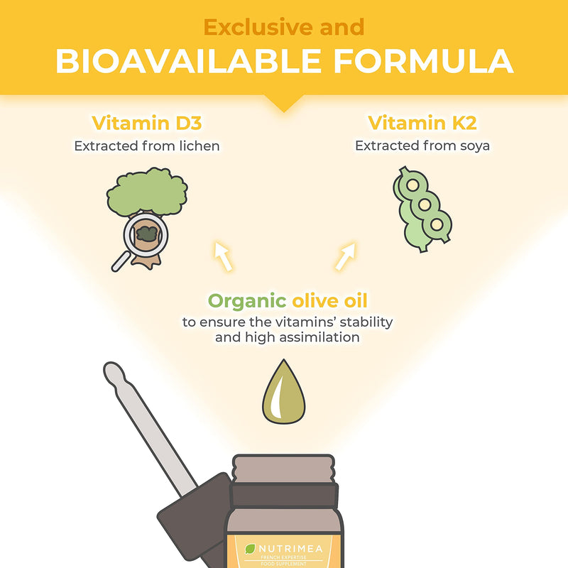 Vitamins D3 K2 MK7 Oil Form Supplement - Natural, 100% Purity, with Olive Oil - Fortifies The Immune System, Bones, Muscles and Teeth - 10ml Dropper Bottle