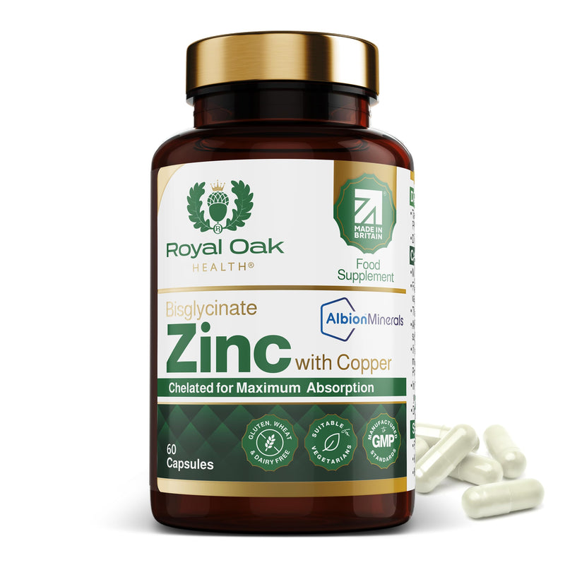 Zinc Bisglycinate 25mg with Copper (Albion Chelated) x60 Capsules (2 Month Supply) High Strength Zinc Supplement for Men & Women. UK Made By Royal Oak Health