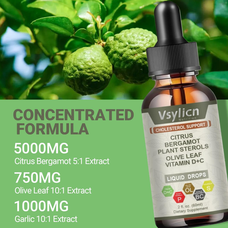 Citrus Bergamot Liquid Drops 60ml Vegan - Lower Cholesterol Levels - Cholesterol Complex Supplement 3000mg Equivalent Formula with Black Pepper & Olive Leaf - High Absorption Heart Health Supplement