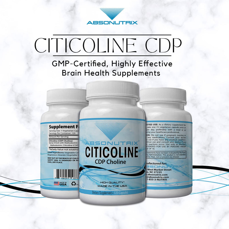 [Australia] - Absonutrix Citicoline CDP Choline 530mg, Nootropic Supplement, GMP Certified, Third-Party Tested, Easy to Swallow, 120 Veg caps, Improves Cognitive Skills, Supports Memory, Non-GMO, Made in USA 