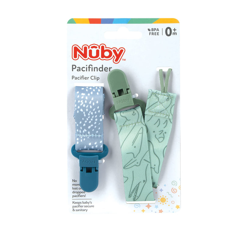 [Australia] - Nuby Pacifinder Pacifier Clip, 2 Pack Pacifier Holder for Boy, Blue Dots and Green Dino 