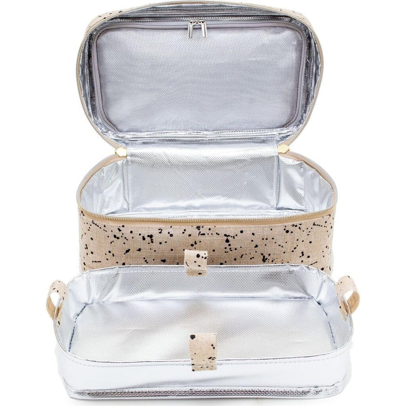 Beauty Poche - Cosmetic Bag & Makeup Organizer for Travel, Three-Tiered, Linen/Cotton Exterior, Removable Tray, Machine Washable - Ink Splatter