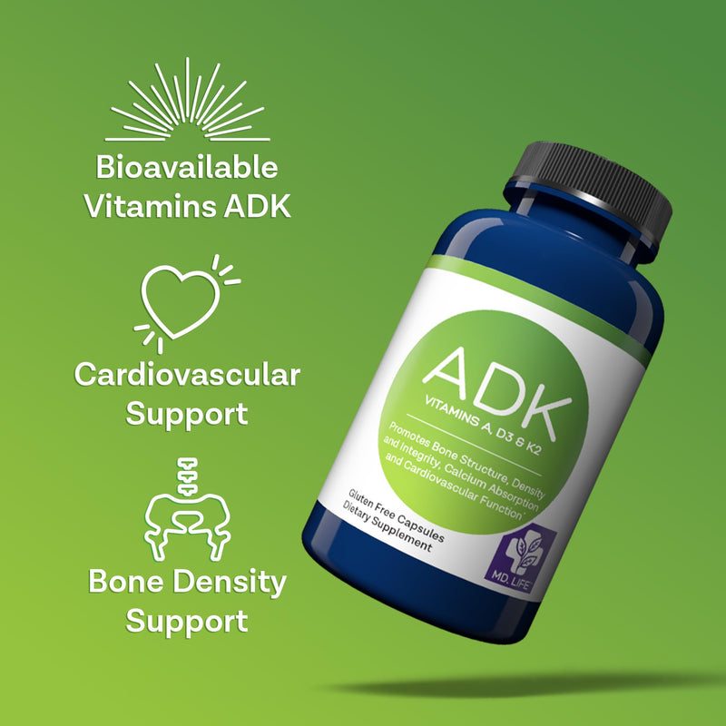 MD. Life ADK Vitamin Supplement, Vitamin D3 K2 and A, 30 Capsules, Non-GMO | High Potency Complex - Bone and Heart Health Support - Doctor Designed - Made in the USA - Gluten Free, Vegetarian 30 Count (Pack of 1)