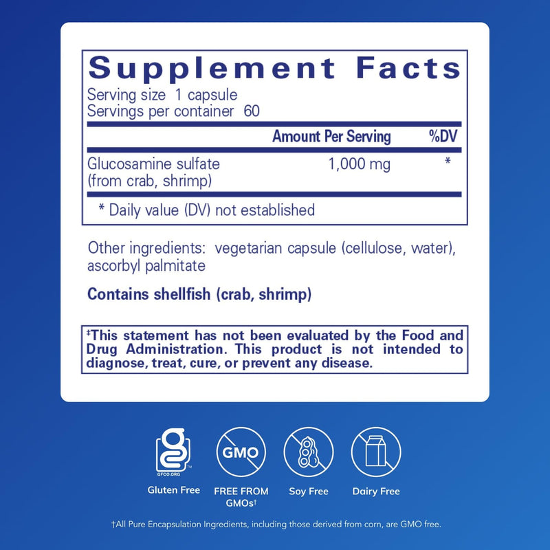 [Australia] - Pure Encapsulations Glucosamine Sulfate 1,000 mg | Supplement for Joint Support and Mobility, Cartilage Health, and Connective Tissue* | 60 Capsules 60 Count (Pack of 1) 