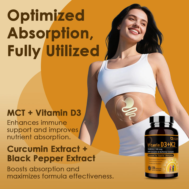 NATURE TARGET Vitamin D3 K2, 10,000 IU D3 & 100 mcg K2, 120 Capsules | High-Potency D3 and K2 as MK-7 with MCT Powder for Max Absorption, Supports Bone, Calcium, Immune, and Heart Health 120 Count (Pack of 1)