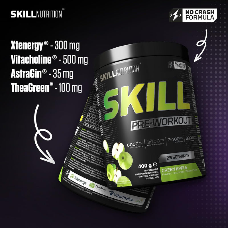 Skill Nutrition Pre-Workout Green Apple - No-Crash Formula with Extended-Release Caffeine | Xtenergy®, TheaGreen™, Vitacholine®, Astragin® | Vegan, Halal | B-Vitamins, Citrulline, Beta-Alanine