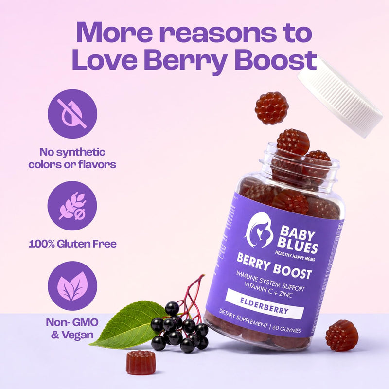 Baby Blues Berry Boost Elderberry Gummies for Women, Postnatal Immune Support with Vitamin C and Zinc for Moms, Postpartum and Breastfeeding, Dark Cherry, Vegan, 60 Count