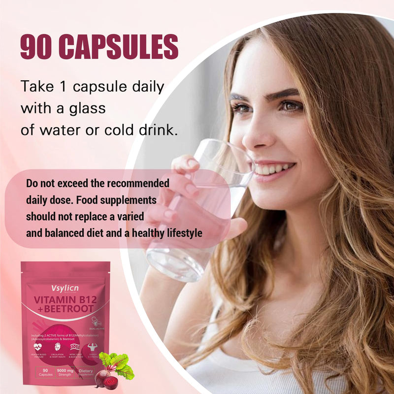 9000mg Beetroot Extract & 1000mcg Vitamin B12 Complex - Methylcobalamin & Adenosylcobalamin - Energy & Immune Support - Blood Pressure Supplements, Vegan, Nitric Oxide Supplement - 90 Capsules