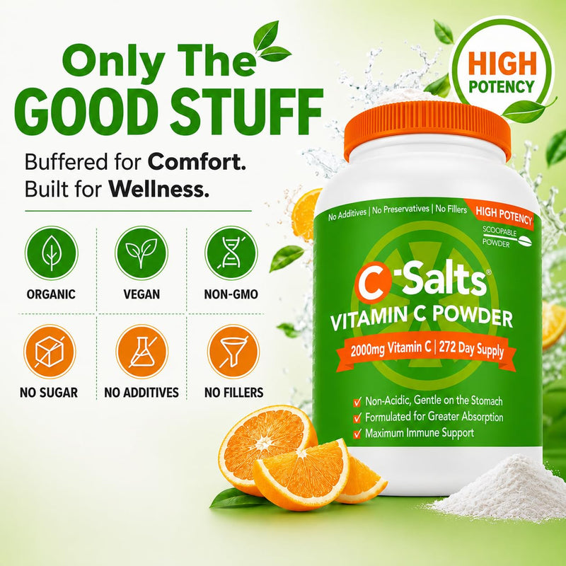 C-Salts Buffered Vitamin C Powder - Pure Organic, Stomach Friendly Ascorbic Acid VIT C Drink for Daily Immune Support & Collagen Production - Vegan Non GMO Sugar Free - 272 Servings Original, 26oz 26 Ounce (Pack of 1)