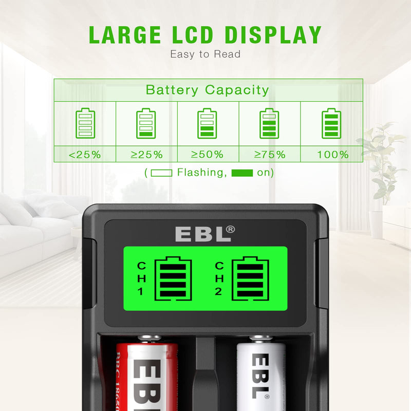 EBL Universal 18650 Battery Charger for 3.7V lithium ion Rechargeable Batteries 26650 22650 18650 18490 18350 17670 17500 16340 (RCR123) 14500 and 1.2V Ni-MH Ni-CD Rechargeable C AA AAA Batteries