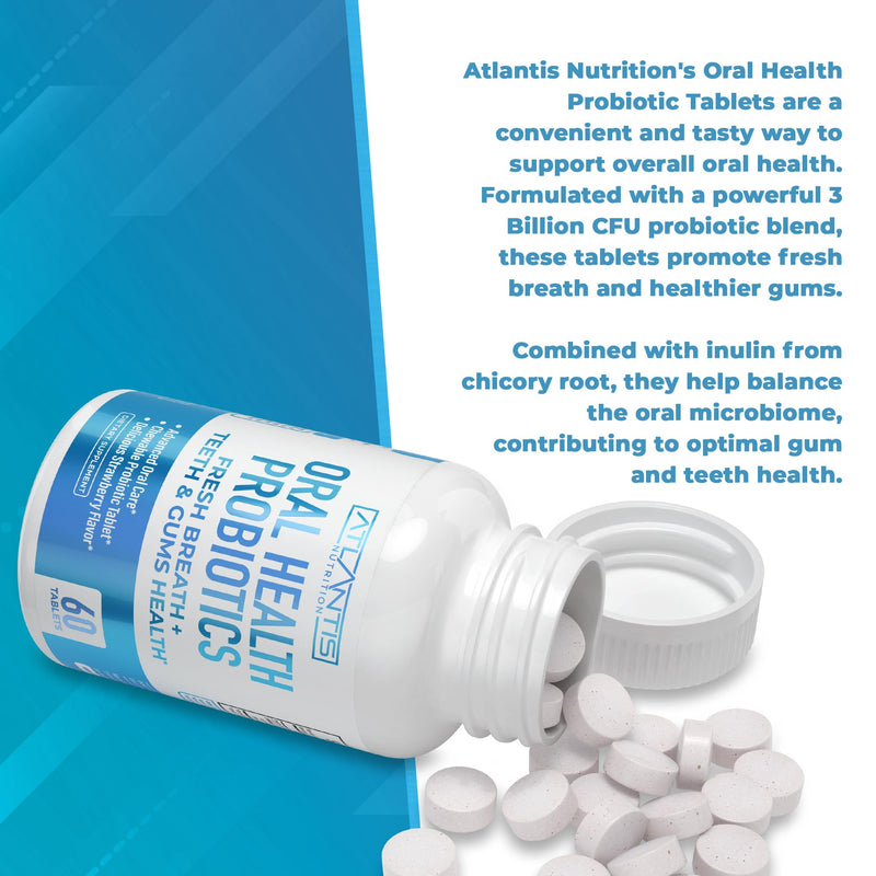 [Australia] - Atlantis Nutrition Oral Probiotics Chewable Tablet - Dental Probiotic for Gum Care & Teeth Care - Bad Breath Treatment for Adults - 3 Billion CFU Probiotic Blend - Strawberry Flavor - 60 Tablets 60 Count (Pack of 1) 