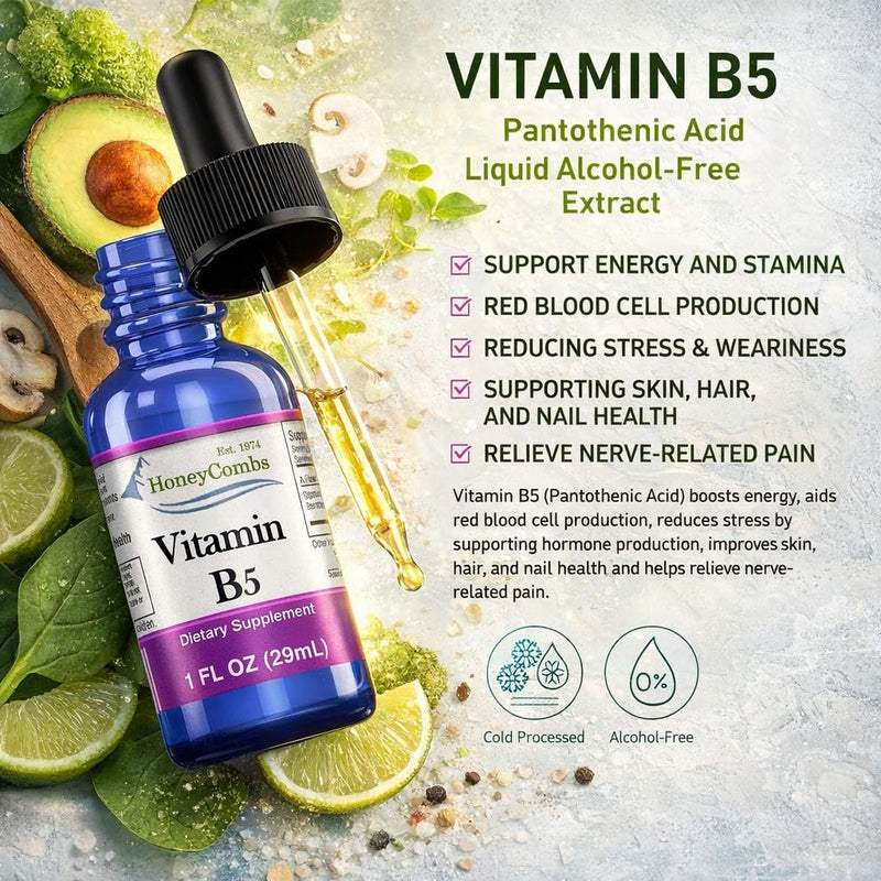 HoneyCombs Vitamin B5 Liquid Drops Pantothenic Acid, 1oz | Liquid Vitamin B5 (Pantothenic Acid) supports healthy energy metabolism with a fast-absorbing liquid formula 1 Fl Oz (Pack of 1)