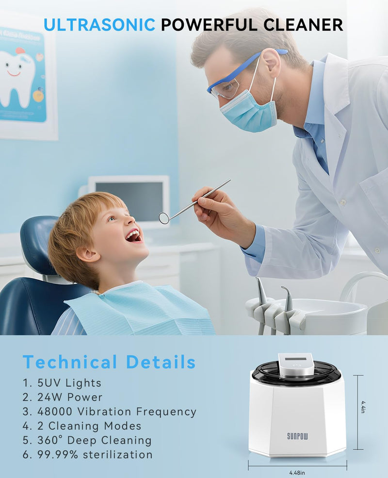 [Australia] - SUNPOW Dental Ultrasonic Retainer Cleaner Machine - 48kHz Retainer Cleaner with 5 UV Lights for Night Guards, Mouth Guards, Dentures- 220ML Dental Cleaning Pod Upgrade Design 