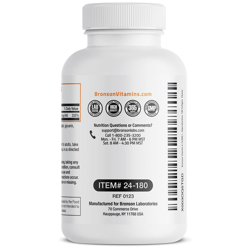 Bronson Vitamin A 10,000 IU Healthy Vision and Immune Support, 180 Softgels | Vitamin A Palmitate, Once-Daily Rapid Release, Skin, Growth & Reproduction Support, Non-GMO Unflavored 180 Count (Pack of 1)