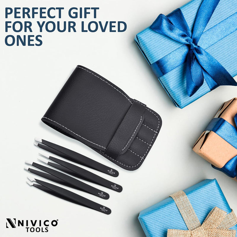 NIVICO Tweezers Set with Leather Pouch – Professional Stainless Steel Tweezers for Eyebrows Precision Facial Ingrown Hair Removal (Black)
