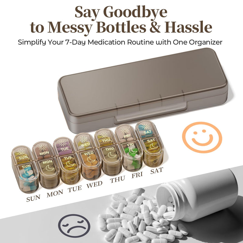 Betife AM PM Pill Organizer 7 Day, Weekly Pill Organizer Box 2 Times a Day | Portable Travel Pill Organizer, Cute, Easy Open, Airtight, Fashion, Dust-Proof, Reusable, Sturdy for Medication, Vitamin Brown