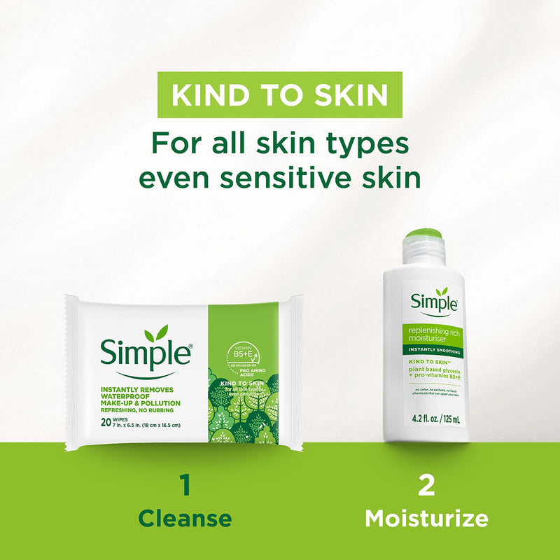 Simple Kind to Skin Cleansing Wipes Micellar Gentle and Effective Makeup Remover Free from color and dye, artificial perfume and harsh chemicals 20 Wipes 25 Count (Pack of 1)