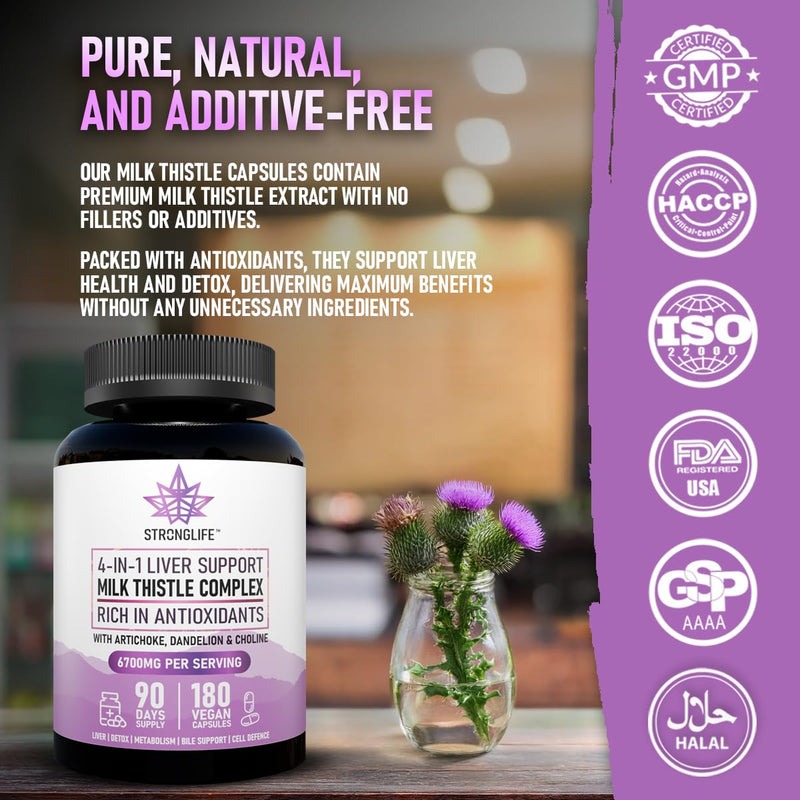 Milk Thistle High Strength Complex Capsules – 6000mg Silymarin Extract with Artichoke, Dandelion & Choline – Liver & Detox Support for Men & Women – 180 Capsules – 90 Day Supply