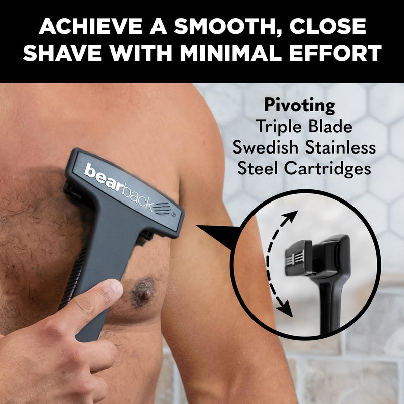 Bearback Back Shaver for Men – DIY Razor with Pivoting Triple Blades & Folding Handle – Wet or Dry Back & Body Hair Removal
