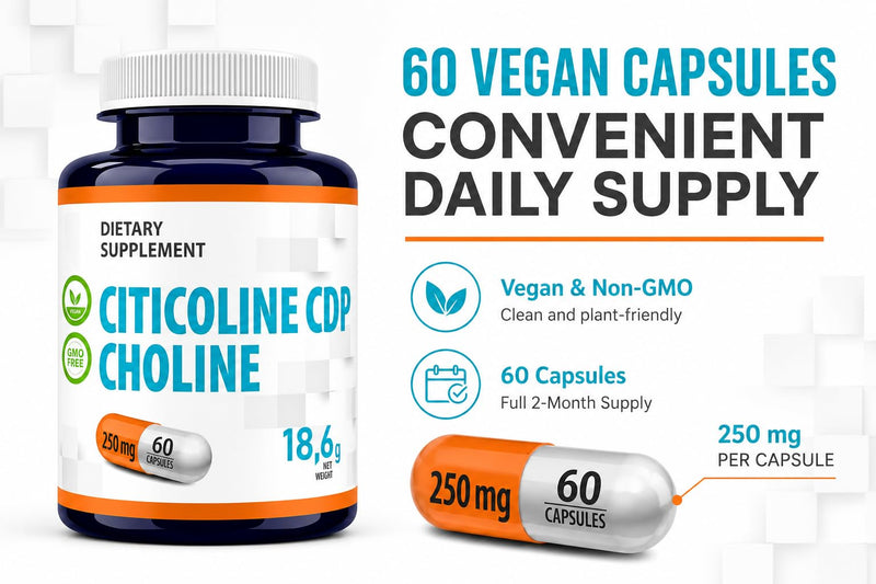 Hepatica Citicoline (CDP-Choline) 250mg | Source of Choline | 60 Vegan Capsules | 2-Month Supply | 3rd Party Lab Tested