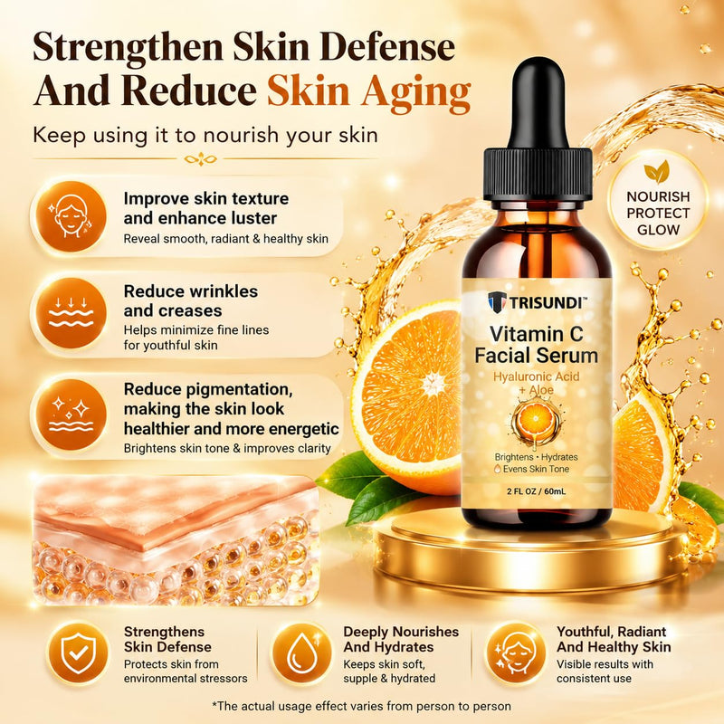 Trisundi® Vitamin C Facial Serum with Hyaluronic Acid & Aloe, Lightweight Hydrating Face Serum for Daily Skincare, Suitable for All Skin Types, 2 fl oz (60 mL)