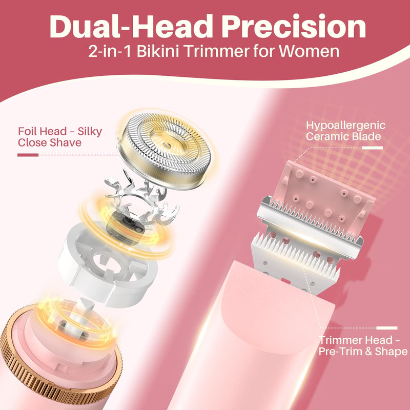 [Australia] - 2025 Upgraded Bikini Trimmer for Women, Dual-Head Shaver with LCD Display, Ceramic-Blade Pubic Hair Trimmer, IPX7 Waterproof Wet & Dry Shower Shaver, Travel-Ready Gift Pouch (Light Pink) Light Pink 