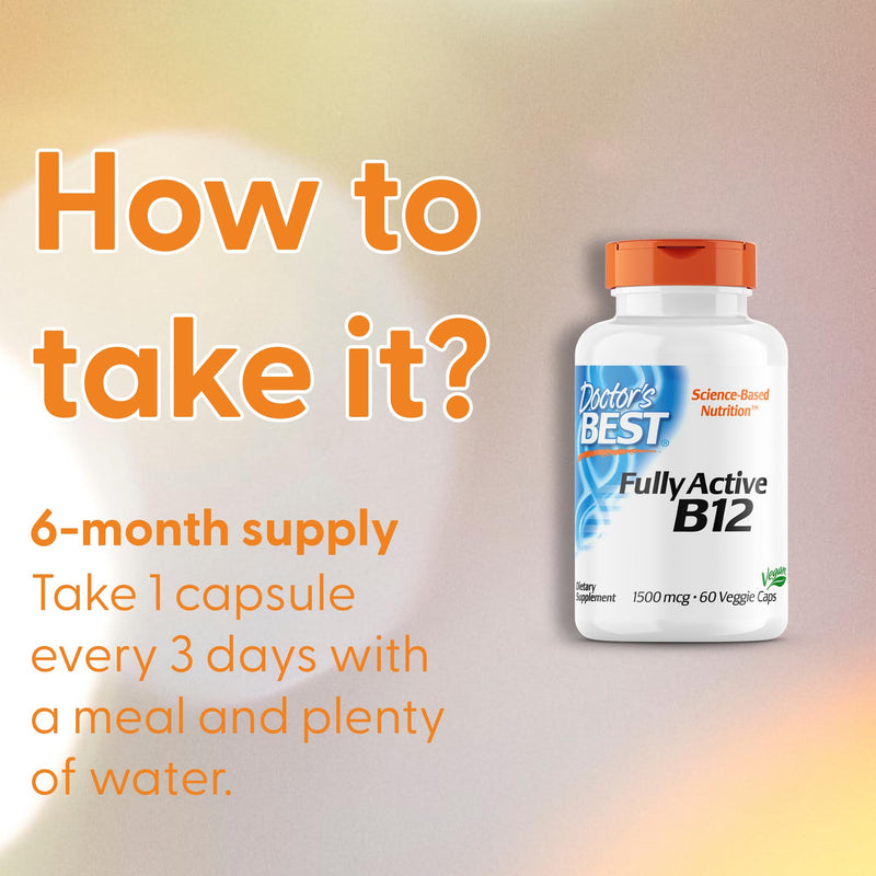 Doctor's Best, Fully Active B12, 1.500mcg, 3-Day-Depot, 60 Vegan Capsules, Vitamin B12, Gluten Free, SOYA Free, Vegetarian