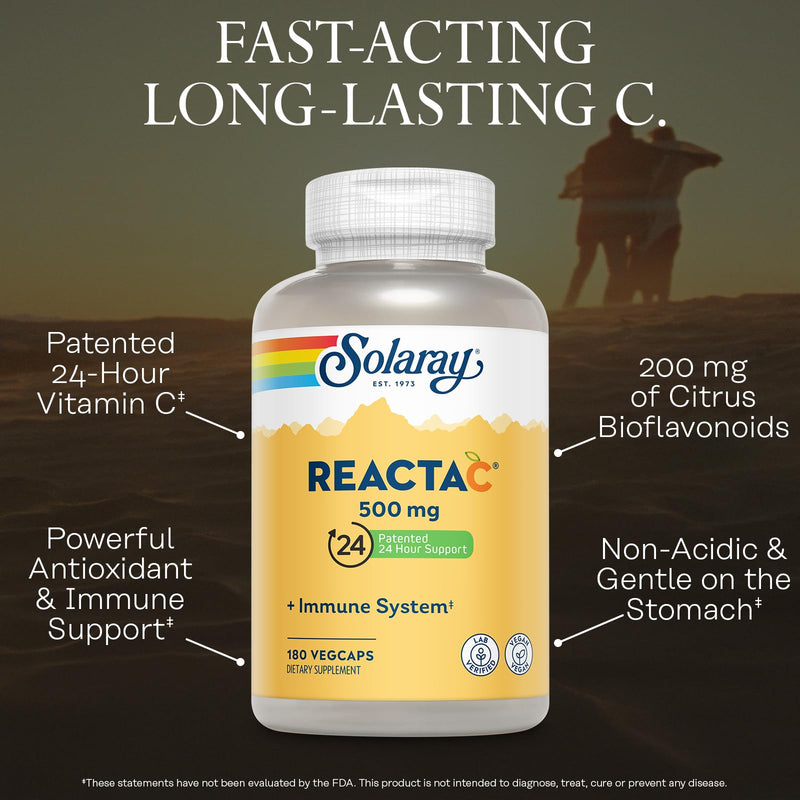 SOLARAY ReactaC Vitamin C 500mg - Patented 24-Hour Immune Support Supplement Capsules - Vitamin C with Bioflavonoids and Rutin - Antioxidant and Immune Defense - Vegan, 60-Day Guarantee - 180 Servings Unflavored 180 Count (Pack of 1)