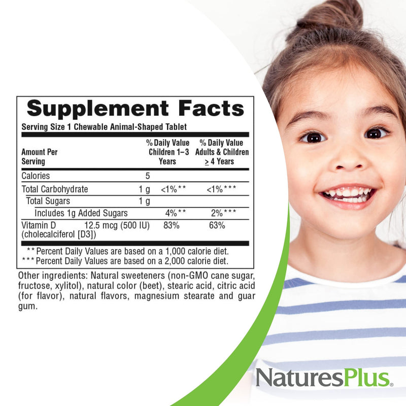 NaturesPlus Animal Parade Vitamin D3 Children’s Chewables - Black Cherry Flavor - 90 Animal-Shaped Tablets - Gluten Free, Vegetarian, Hypoallergenic - 90 Servings 90 Count (Pack of 1)