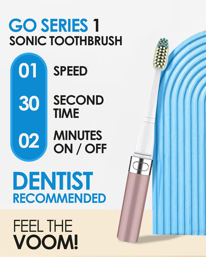 [Australia] - Voom Sonic Go 1 Series Travel Electric Toothbrush, Travel Toothbrush (Dentist Recommended) - Battery Operated Toothbrush for Adults & Kids, Sonic Toothbrush, Portable w/ 2 Minute Timer Metallic Rose 