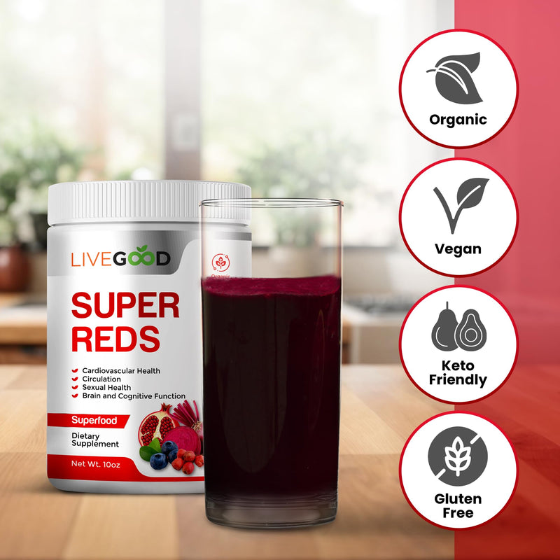 [Australia] - LIVEGOOD™ Organic Super Reds with Alfalfa, Barley Grass, Beet Root, Pomegranite, Grape Seed, Vegan, Gluten Free, 7.2 oz. 