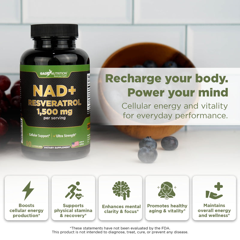 Gade Nutrition NAD Supplement with Resveratrol | Nicotinamide Plus in Capsules Made in USA | Antioxidant Healthy Aging Supplement 90 Count (Pack of 1)