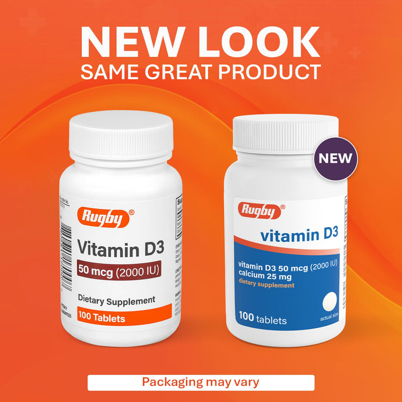 Rugby Vitamin D3 2000 IU (50 mcg) Tablets with Calcium 25 mg, 100 Count | Gluten-Free Supplements, Helps Support Calcium Absorption, for Bones, Teeth & Immunity, for Low Sun Exposure & Aging Adults