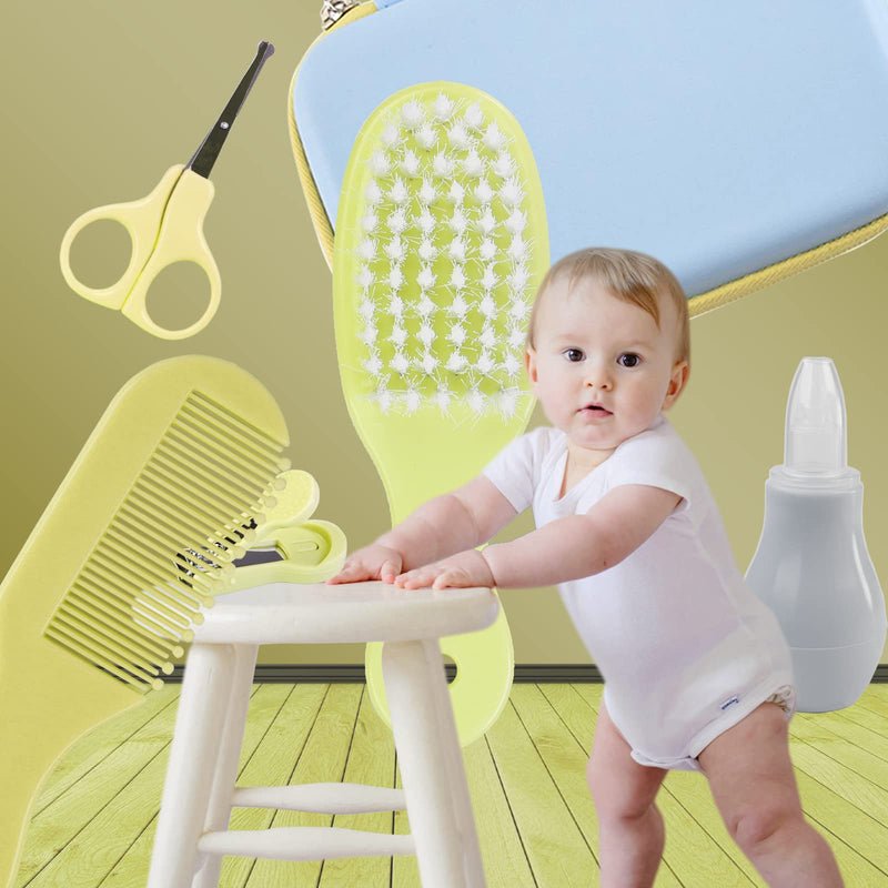 [Australia] - ZELINYE Baby Grooming Kit, 8 in 1 Baby Hair Brush/Nail Clipper/Nose Cleaner/Finger Toothbrush/Nail Scissors/Manicure Kit for Baby Care Keep Healthy and Clean(Yellow) Yellow 