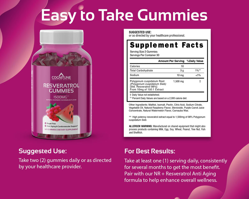 [Australia] - Resveratrol Gummies - Sugar Free Natural Raspberry Watermelon Flavor, 1500mg Resveratrol Supplement for Heart, Brain, Immune Support & Wellness, Powerful Antioxidant with Anti-Aging Benefits 