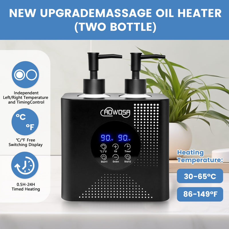 [Australia] - Massage Oil Warmer Double Bottle Professional Electric Lotion Digital Heater for SPA, Portable Oil Warmer Heated Cream for Beauty Salon Home, with ℃/℉ Switchable Display, Four Dispenser Bottle 
