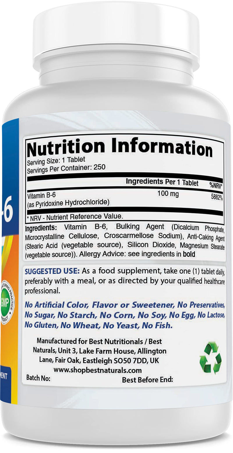 Vitamin B-6 100 mg 250 Tablets by Best Naturals (250 Count (Pack of 3))