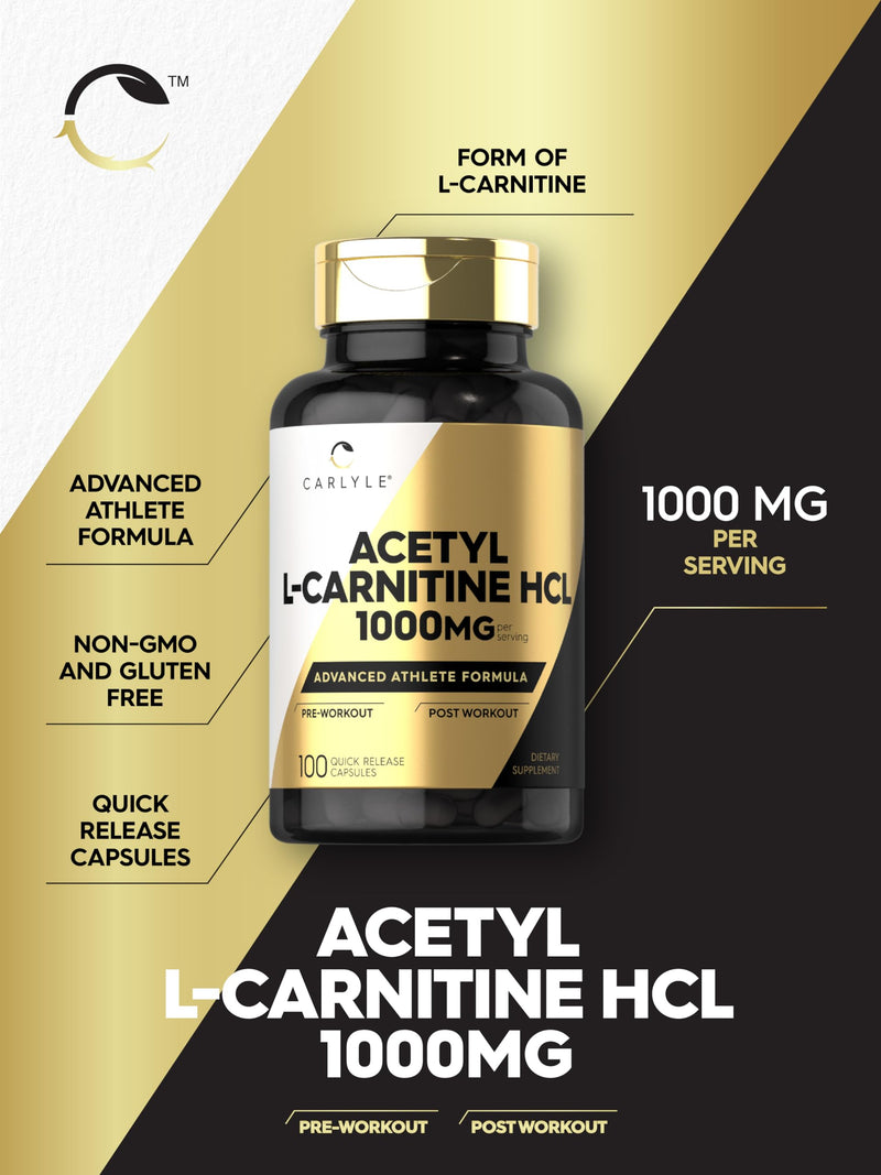 Carlyle Acetyl L-Carnitine HCL Capsules| 1000mg | 100 Count | Non-GMO and Gluten Free Supplement 100 Count (Pack of 1)