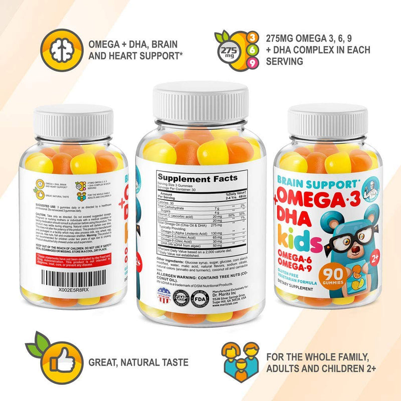 [Australia] - DR. MORITZ Vegan Omega 3 Gummies for Kids & Toddlers (90 Count), Omega 3 Kids Gummies with Omega 6 & 9, Kids Omega 3 Gummies for Brain & Heart Health, No Fish Oil & Gluten-Free 90 Count (Pack of 1) 