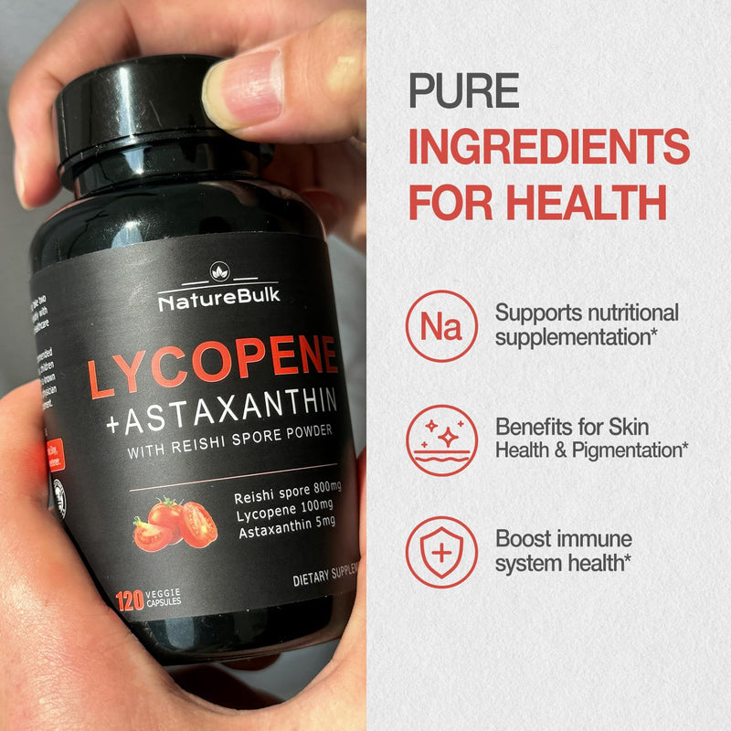 [Australia] - Lycopene 100mg + Astaxanthin 5mg with Reishi Spore, Supplement for Skin Health and Immune Support, 100% Natural Astaxanthin from MicroAlgae and Natural Tomato Extract, 120 Veggie Capsules 