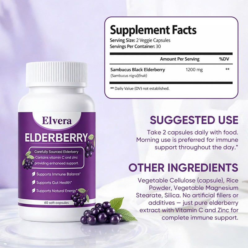 Elvera Gut Support Complex - Organic Black Elderberry Soft Capsules - 1200mg Elderberry Extract, Vitamin C, Zinc, Daily Immune & Gut Support | Vegan, Non-GMO | 60 Softgels 1