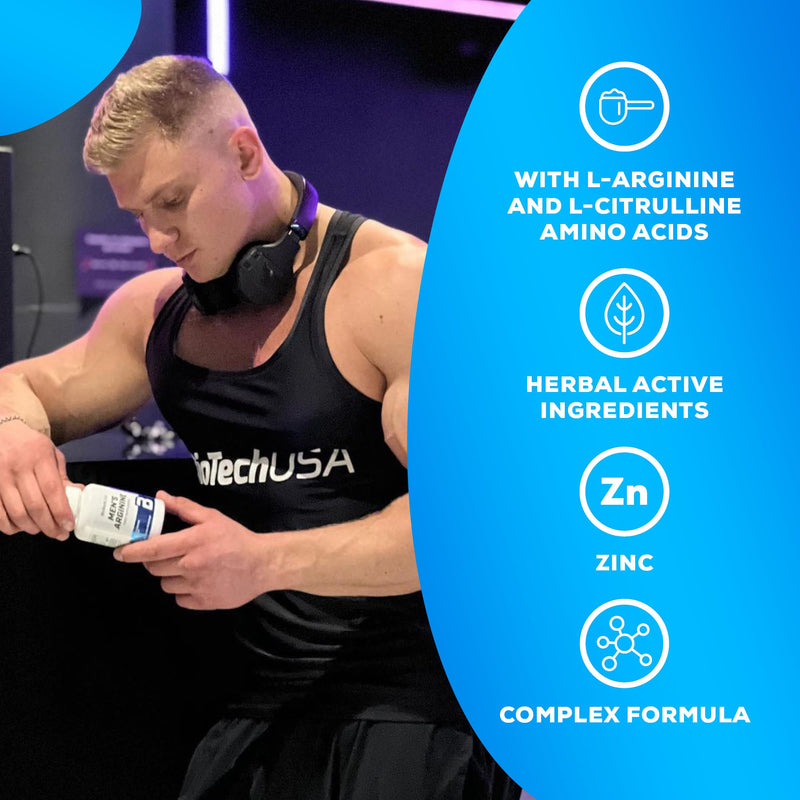 BioTechUSA Men's Arginine | Boost Vitality | with Herbal Ingredients | Vitamins | Zinc | Ideal for Men's Wellness | 90 Capsules_