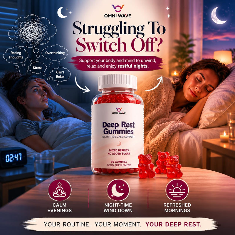 Omni Wave Deep Rest Gummies | Relaxation & Sleep Support with L-Theanine, Magnesium Bisglycinate, Glycine, Lemon Balm, Passion Flower & Chamomile | No Added Sugar Mixed Berries | Vegan | 60 Gummies