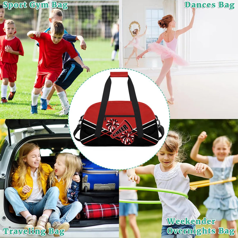 Cheer Kid Duffel Bag Collapsible Sports Gym Bags Travel Weekender Overnight Bag for Girls Boys Personalized Gymnastics Sleepover Bag Black Red Color-cheer02