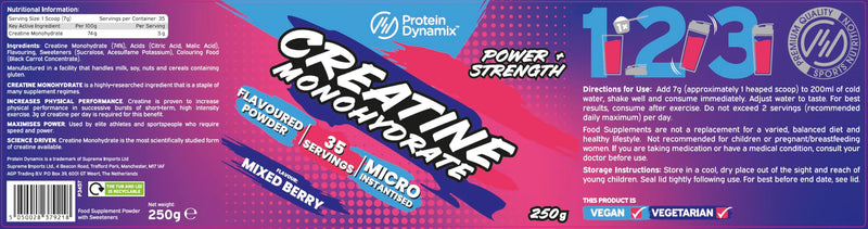 Protein Dynamix - Creatine Monohydrate Powder • Mixed Berry Flavour • 250g Tub (38 Servings) • Vegan & Gluten Free • Micronised Creatine Supplement for Muscle Strength, Power, Performance & Recovery 250 g (Pack of 1)