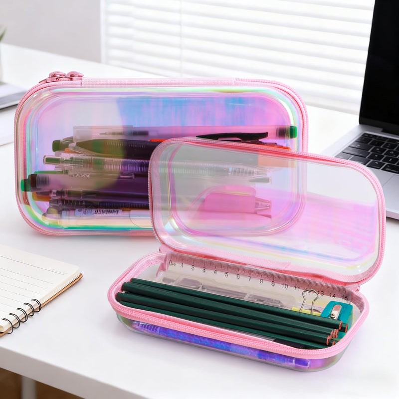 Clear Hard Shell Zipper Case, Surface scratch resistant material, Portable Cosmetic Bag with Zipper, Diaper Bag Organizing Pouches, Hard Plastic Case, Clear Bags for Organizing, Pink （6 Pcs） 4M+2L