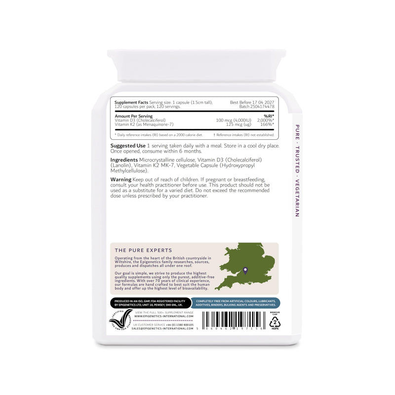 Vitamin D3 K2 Capsules | Additive-Free 4,000 IU Vitamin D & 125mcg VIT K MK7 | Long 4 Months Supply | 120 Vegetarian Friendly & Made in the UK by Epigenetics Supplements